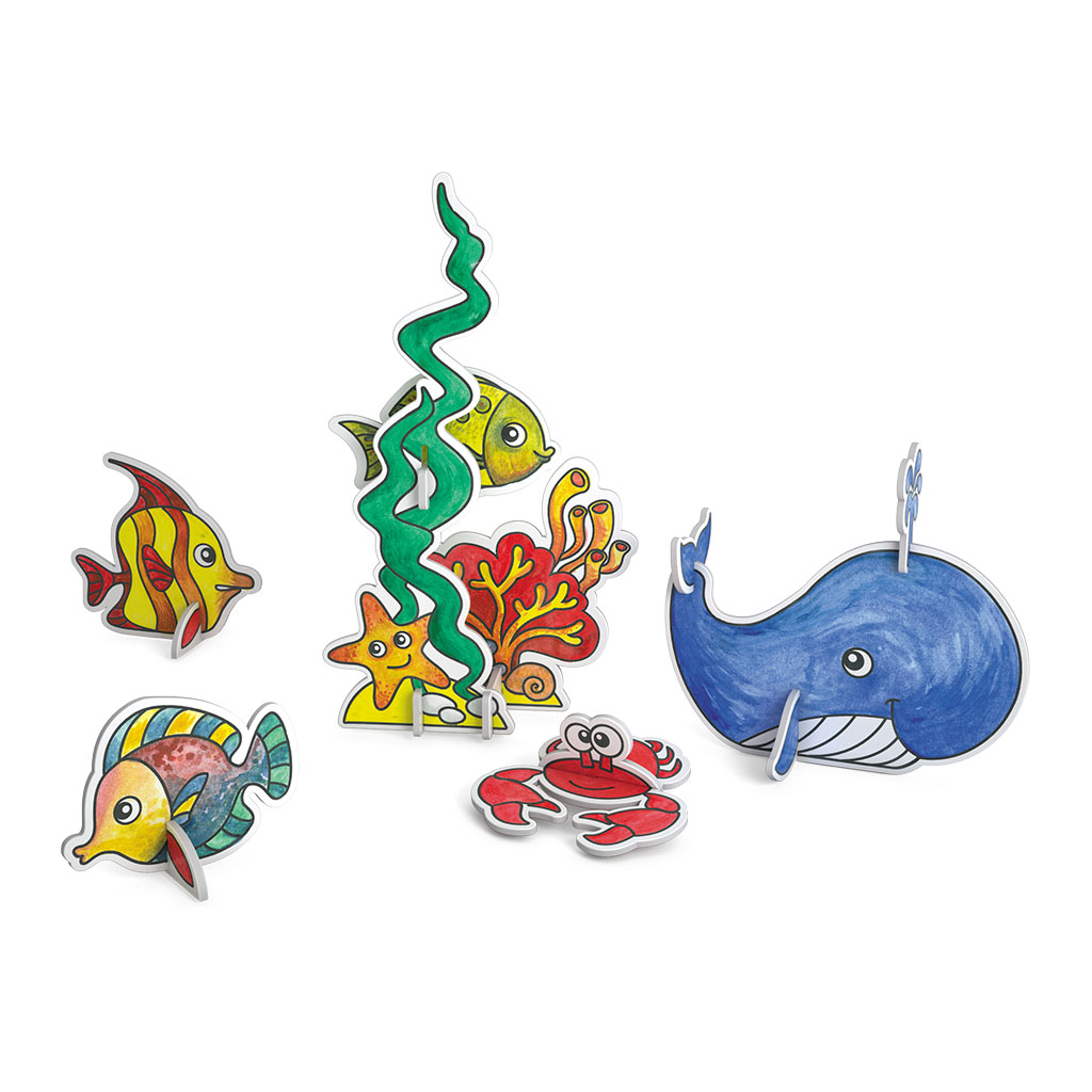 Игровой 3D пазл для раскрашивания ArtBerry Sea World акварель 6 цветов и 2 карты с фигурами для сборки  